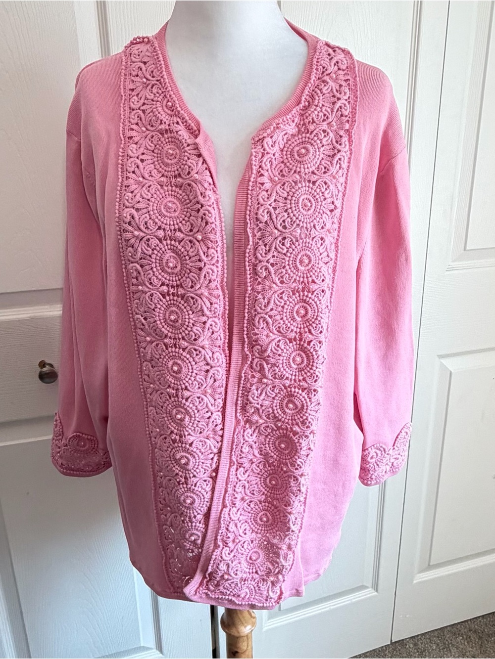 Vintage BEREK Pink Crochet Lace Pearl Beaded Open Front Cardigan 3/4 Sleeve L
